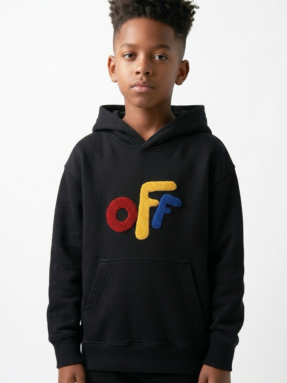 OFF-WHITE | NEW Kid’s Logo Primary Patch Black Cotton Hoodie Youth Size 12